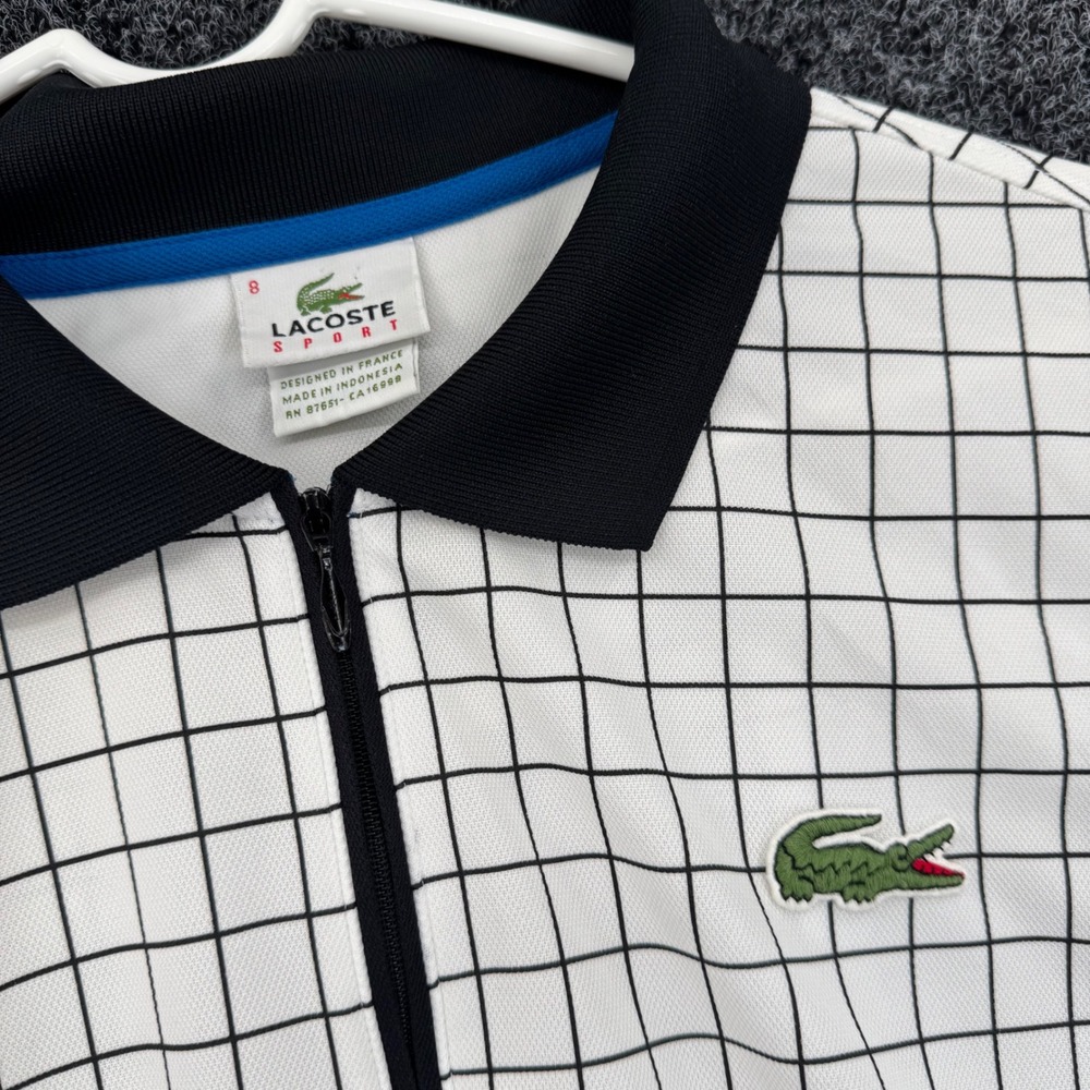 Lacoste Sport Mens White Black Grid Quarter Zip Polo Shirt Size 8 3XL 100% Poly